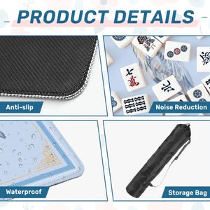 May include: Product details image with close-ups of a black anti-slip surface, mahjong tiles, a waterproof surface, and a black storage bag. The text includes "Anti-slip", "Noise Reduction", "Waterproof", and "Storage Bag". The Starry Oak Co. logo is visible.