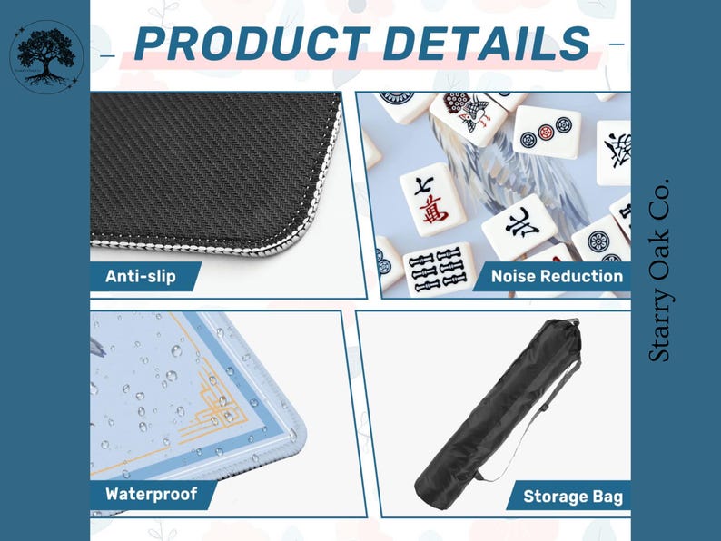 May include: Product details image with close-ups of a black anti-slip surface, mahjong tiles, a waterproof surface, and a black storage bag. The text includes "Anti-slip", "Noise Reduction", "Waterproof", and "Storage Bag". The Starry Oak Co. logo is visible.