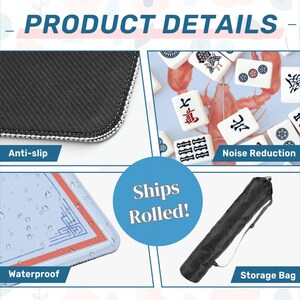 May include: Product details image showing a close-up of a black anti-slip surface with white stitching, a waterproof surface, and a black storage bag. The image also shows mahjong tiles and the text "Noise Reduction".