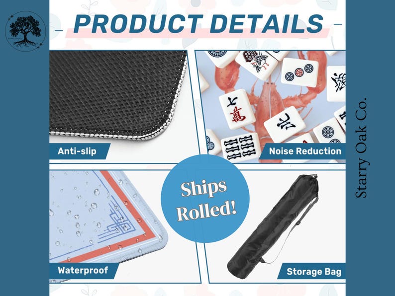May include: Product details image showing a close-up of a black anti-slip surface with white stitching, a waterproof surface, and a black storage bag. The image also shows mahjong tiles and the text "Noise Reduction".