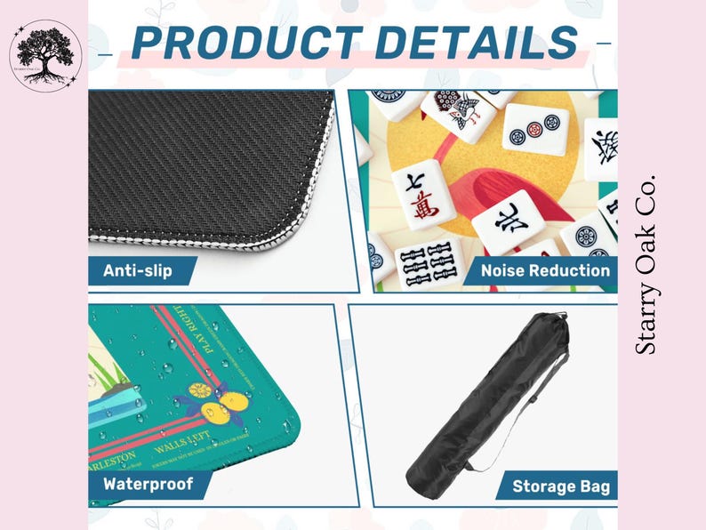 May include: Product details image. The image shows a close-up of the anti-slip surface, a close-up of the mahjong tiles, a waterproof surface, and a storage bag. The text in the image says "PRODUCT DETAILS", "Anti-slip", "Noise Reduction", "Waterproof", and "Storage Bag".