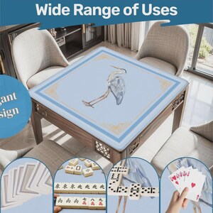 May include: A wooden table with a light blue top featuring a heron illustration, surrounded by chairs. The image includes text that says "Elegant Design" and "Wide Range of Uses". The table is shown with various game pieces.