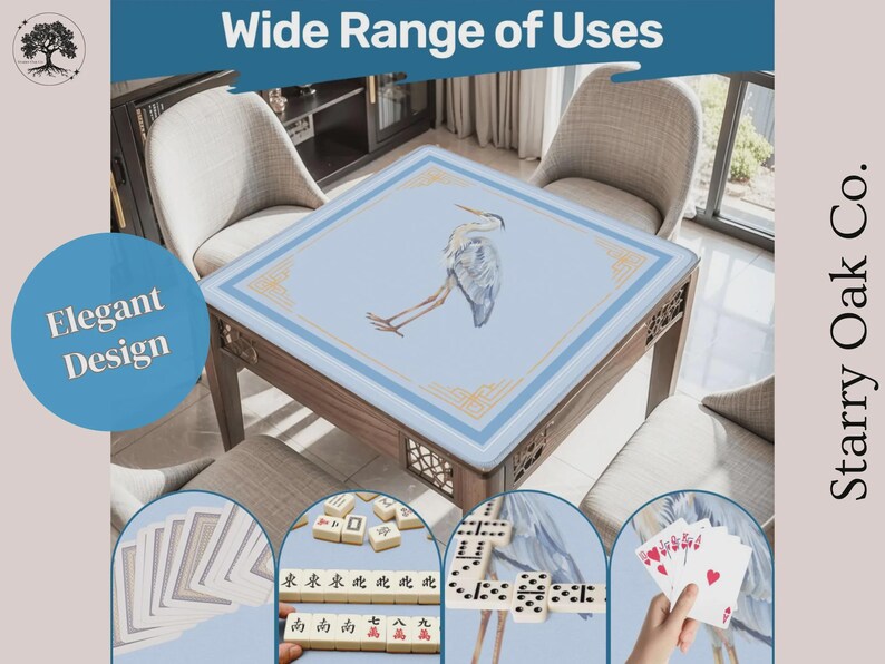 May include: A wooden table with a light blue top featuring a heron illustration, surrounded by chairs. The image includes text that says "Elegant Design" and "Wide Range of Uses". The table is shown with various game pieces.