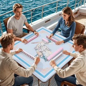 May include: Four people playing mahjong on a boat. The table is light blue with pink and blue stripes. The mahjong tiles are white and the cases are pink. The background is the ocean.