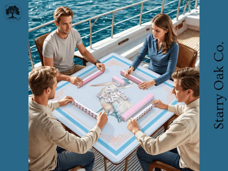 May include: Four people playing mahjong on a boat. The table is light blue with pink and blue stripes. The mahjong tiles are white and the cases are pink. The background is the ocean.