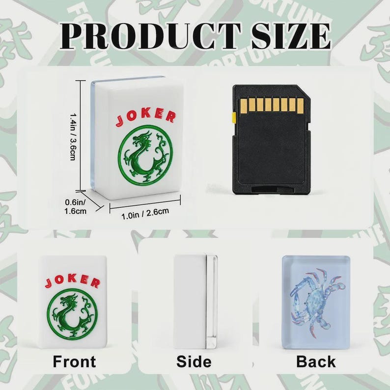 Puede incluir: Una ficha de Mahjong blanca con la inscripci&oacute;n "JOKER" y un dise&ntilde;o de drag&oacute;n verde, que mide 3,6 cm de alto, 2,6 cm de ancho y 1,6 cm de grosor. La imagen tambi&eacute;n muestra una tarjeta SD y una ficha con un dise&ntilde;o de cangrejo azul.