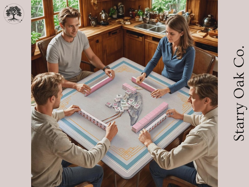 May include: Four people are seated around a square table playing a game. The table has a light blue and white patterned surface. Each person holds a pink and white game piece. The game appears to be Mahjong.