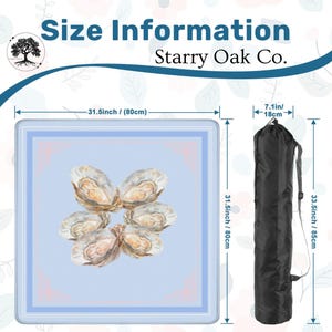May include: A light blue square mat with a watercolor illustration of oysters, measuring 31.5 inches (80 cm) on each side. A black carrying bag is shown, 33.5 inches (85 cm) long and 7.1 inches (18 cm) wide. Text reads "Size Information" and "Starry Oak Co."