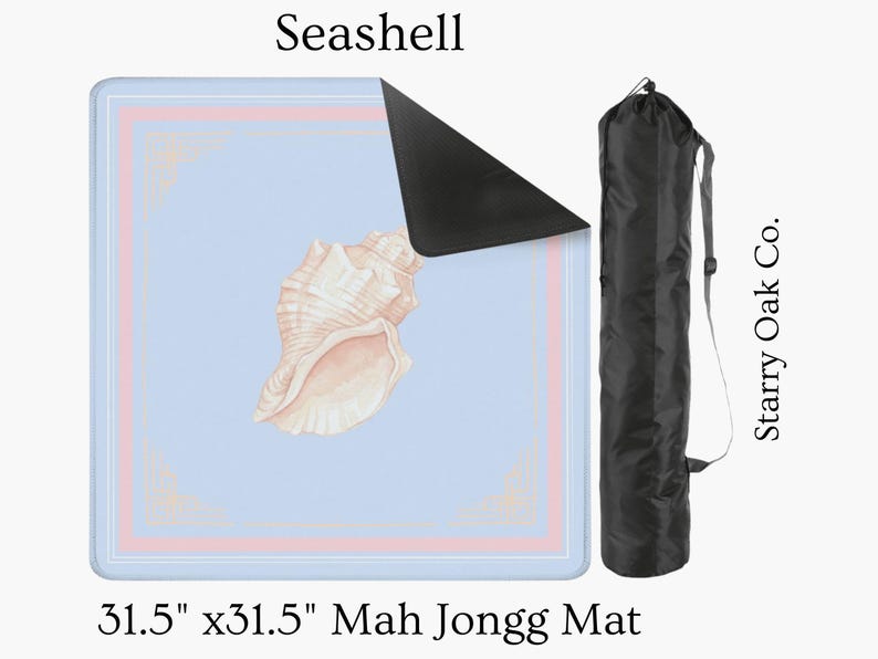 May include: A 31.5" x 31.5" Mah Jongg mat featuring a seashell design. The mat has a light blue background with a seashell illustration and a pink and gold border. A black carrying bag is included.