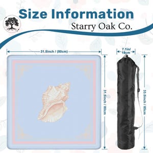 May include: A square, light blue mat with a seashell illustration, measuring 31.5 inches (80cm) on each side, and a black carrying bag. The bag is 33.5 inches (85cm) long and 7.1 inches (18cm) wide. Text on the image reads "Size Information Starry Oak Co."
