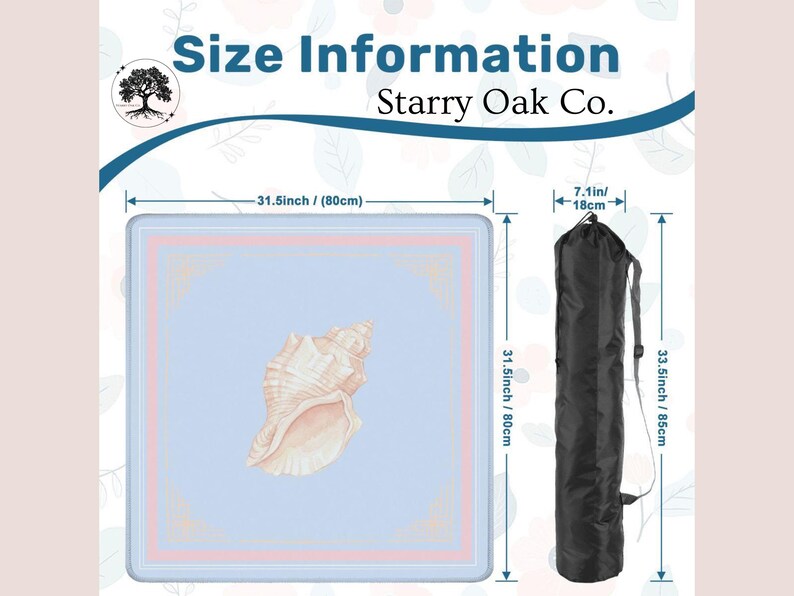 May include: A square, light blue mat with a seashell illustration, measuring 31.5 inches (80cm) on each side, and a black carrying bag. The bag is 33.5 inches (85cm) long and 7.1 inches (18cm) wide. Text on the image reads "Size Information Starry Oak Co."