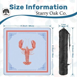 May include: A square table with a lobster illustration, measuring 31.5 inches (80 cm) on each side. The table has a red and blue border and comes with a black carrying bag, 33.5 inches (85 cm) long. The text "Size Information" and "Starry Oak Co." are visible.