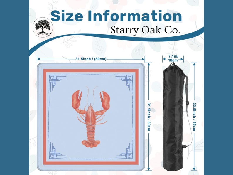 May include: A square table with a lobster illustration, measuring 31.5 inches (80 cm) on each side. The table has a red and blue border and comes with a black carrying bag, 33.5 inches (85 cm) long. The text "Size Information" and "Starry Oak Co." are visible.