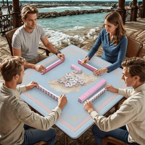 May include: Four people playing mahjong on a light blue table with pink and peach trim. The table is set with tiles and pink tile racks. The game is being played outdoors with a view of the ocean.