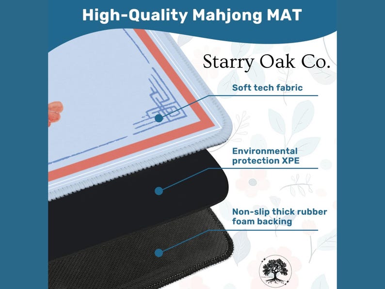 May include: A close-up of a high-quality Mahjong mat with a light blue surface and a red and orange border. The mat has a soft tech fabric, environmental protection XPE, and a non-slip thick rubber foam backing. The text "High-Quality Mahjong MAT" and "Starry Oak Co." are visible.