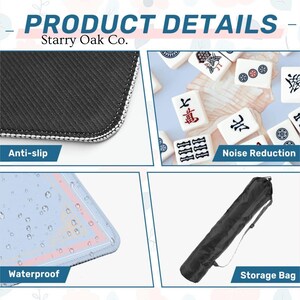May include: Product details image with the text "PRODUCT DETAILS" and "Starry Oak Co." The image shows a close-up of a black anti-slip surface, Mahjong tiles, a waterproof surface, and a black storage bag.