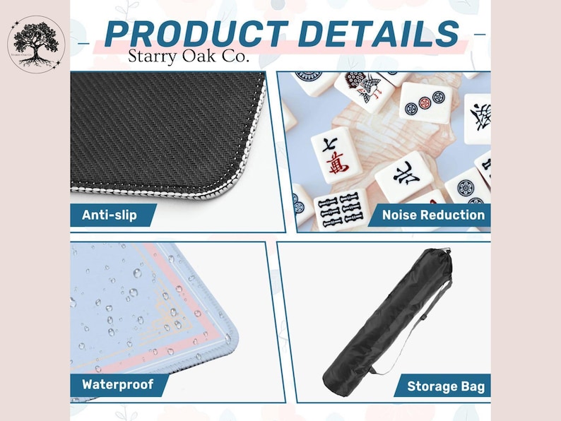 May include: Product details image with the text "PRODUCT DETAILS" and "Starry Oak Co." The image shows a close-up of a black anti-slip surface, Mahjong tiles, a waterproof surface, and a black storage bag.