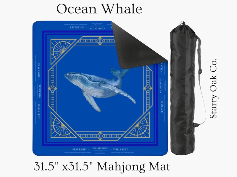 May include: A blue mahjong mat with a whale illustration, gold geometric border, and the text "Ocean Whale." The mat measures 31.5 x 31.5 inches and comes with a black carrying case.