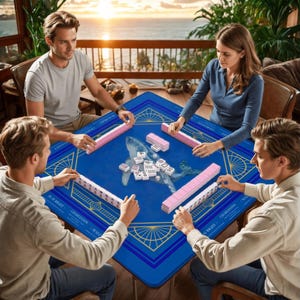 May include: Four people playing Mahjong on a blue table with a whale design. The table has pink and white tiles, and the players are seated around it. The game is set outdoors with a view of the ocean.