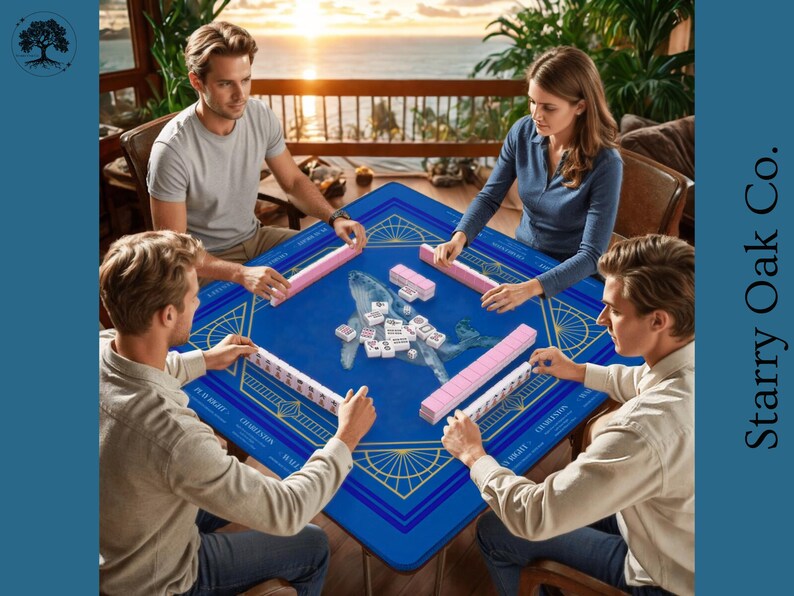May include: Four people playing Mahjong on a blue table with a whale design. The table has pink and white tiles, and the players are seated around it. The game is set outdoors with a view of the ocean.