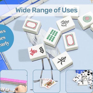 May include: White Mahjong tiles with red, green, and black symbols and designs are scattered on a light blue surface. The image includes the text "Wide Range of Uses" and "Shows Tiles Clearly". Additional images show the tiles, cards, and dominoes.