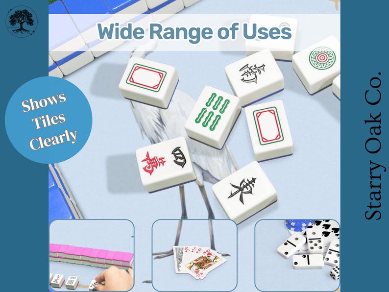 May include: White Mahjong tiles with red, green, and black symbols and designs are scattered on a light blue surface. The image includes the text "Wide Range of Uses" and "Shows Tiles Clearly". Additional images show the tiles, cards, and dominoes.