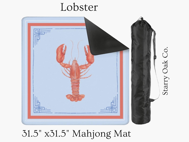 May include: A square Mahjong mat with a lobster illustration. The mat is 31.5 inches by 31.5 inches, with a light blue background, red border, and decorative corner designs. A black carrying case is included.