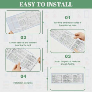 Puede incluir: Gu&iacute;a ilustrada que muestra c&oacute;mo instalar una tarjeta en una funda protectora. La imagen presenta el texto "EASY TO INSTALL" en la parte superior, con pasos numerados (01-04) e instrucciones. Los pasos muestran la inserci&oacute;n y ajuste de la tarjeta.