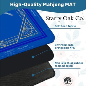 May include: A blue Mahjong mat with gold geometric designs and the text "High-Quality Mahjong MAT." The mat has a soft tech fabric, environmental protection XPE, and a non-slip thick rubber foam backing. The brand name "Starry Oak Co." is also visible.