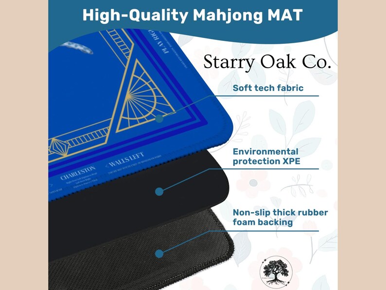May include: A blue Mahjong mat with gold geometric designs and the text "High-Quality Mahjong MAT." The mat has a soft tech fabric, environmental protection XPE, and a non-slip thick rubber foam backing. The brand name "Starry Oak Co." is also visible.