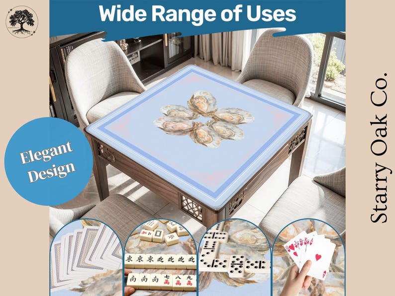 May include: A square wooden table with a light blue top featuring an oyster design. The table is surrounded by chairs and is shown with playing cards, dominoes, and mahjong tiles, suggesting a variety of uses. The text "Elegant Design" is visible.