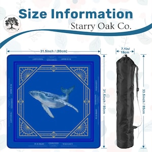 May include: A blue mat with a whale illustration, measuring 31.5 inches (80 cm) square, and a black carrying bag. The mat has a gold geometric border and text. The bag is 33.5 inches (85 cm) long and 7.1 inches (18 cm) wide.