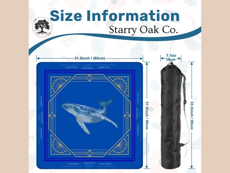 May include: A blue mat with a whale illustration, measuring 31.5 inches (80 cm) square, and a black carrying bag. The mat has a gold geometric border and text. The bag is 33.5 inches (85 cm) long and 7.1 inches (18 cm) wide.
