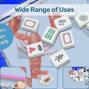 May include: White Mahjong tiles with red, green, and black symbols and borders are displayed on a light blue surface with a lobster illustration. The image includes the text "Wide Range of Uses" and "Shows Tiles Clearly".