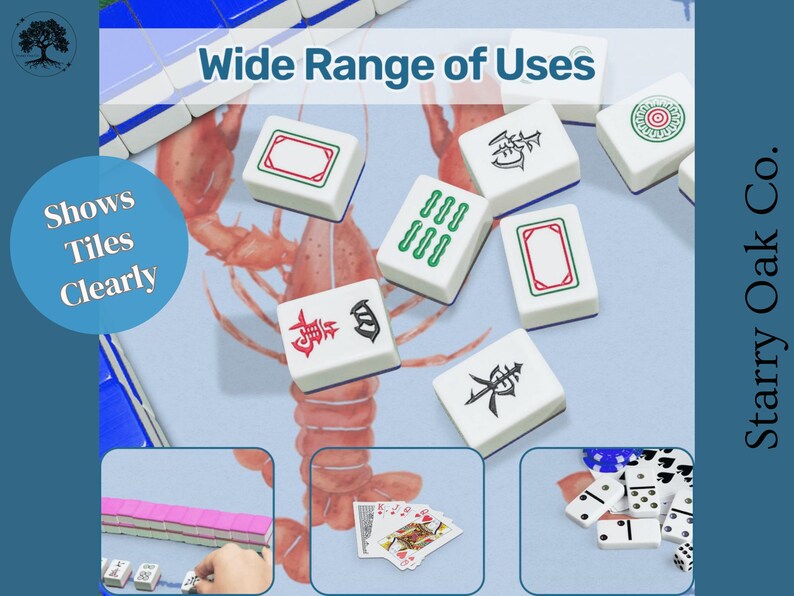 May include: White Mahjong tiles with red, green, and black symbols and borders are displayed on a light blue surface with a lobster illustration. The image includes the text "Wide Range of Uses" and "Shows Tiles Clearly".