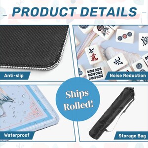 May include: Product details image with close-ups of a black anti-slip surface, waterproof design, and noise reduction features. Includes a storage bag. The text says "Ships Rolled!"