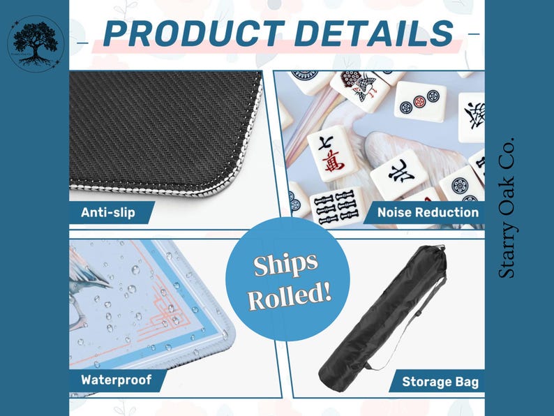 May include: Product details image with close-ups of a black anti-slip surface, waterproof design, and noise reduction features. Includes a storage bag. The text says "Ships Rolled!"