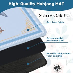 May include: A high-quality Mahjong mat with a light blue surface featuring a bird graphic and geometric designs. The mat has a soft tech fabric, environmental protection XPE, and a non-slip thick rubber foam backing. The text "High-Quality Mahjong MAT" is at the top.