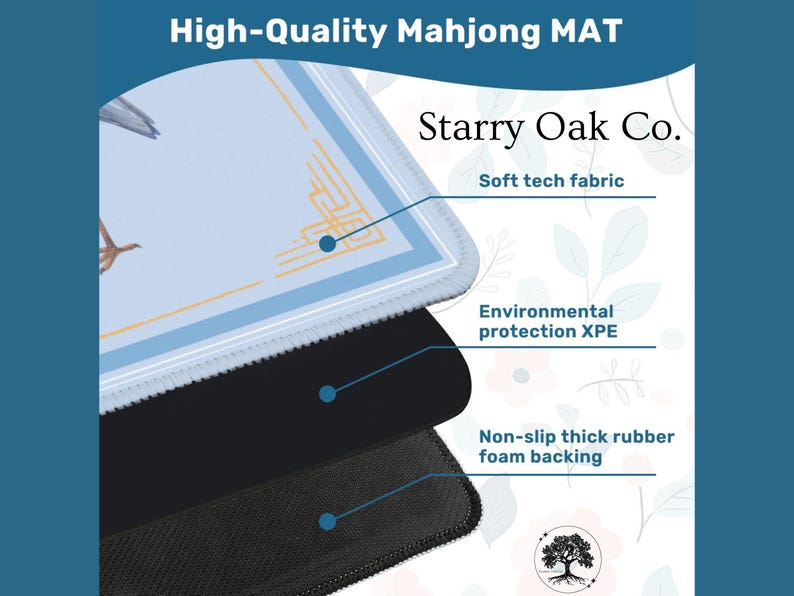 May include: A high-quality Mahjong mat with a light blue surface featuring a bird graphic and geometric designs. The mat has a soft tech fabric, environmental protection XPE, and a non-slip thick rubber foam backing. The text "High-Quality Mahjong MAT" is at the top.