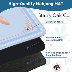 May include: A close-up of a high-quality Mahjong mat with a light blue and white playing surface. The mat has a soft tech fabric, environmental protection XPE, and a non-slip thick rubber foam backing. The text "High-Quality Mahjong MAT" and "Starry Oak Co." are visible.