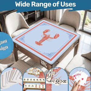 May include: A square wooden table with a light blue surface featuring a red lobster design and a red and blue border. The table is surrounded by chairs and is suitable for games like Mahjong, dominoes, and card games. The text "Wide Range of Uses" and "Elegant Design" are visible.