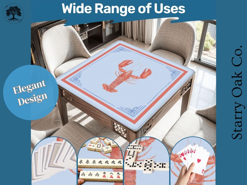 May include: A square wooden table with a light blue surface featuring a red lobster design and a red and blue border. The table is surrounded by chairs and is suitable for games like Mahjong, dominoes, and card games. The text "Wide Range of Uses" and "Elegant Design" are visible.