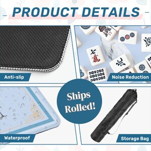 May include: Image showcasing product details, including an anti-slip surface, noise reduction, and waterproof features. The product is shown with a storage bag. The text "Ships Rolled!" is also visible.