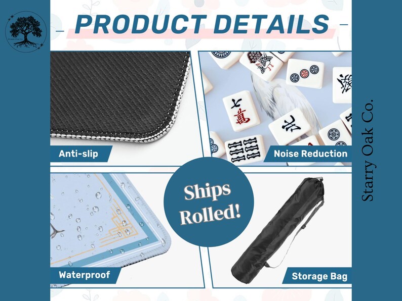 May include: Image showcasing product details, including an anti-slip surface, noise reduction, and waterproof features. The product is shown with a storage bag. The text "Ships Rolled!" is also visible.