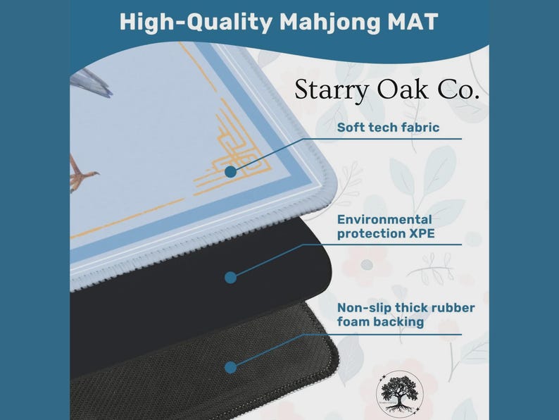 May include: A close-up of a high-quality Mahjong mat with a light blue surface featuring a bird graphic and gold accents. The mat has a soft tech fabric, environmental protection XPE, and a non-slip thick rubber foam backing. The text "Starry Oak Co." is also visible.