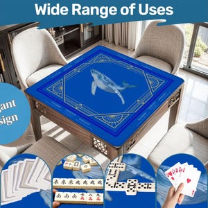 May include: A wooden game table with a blue surface featuring a whale illustration and gold geometric designs. The table is surrounded by chairs and displays various game pieces, including cards, dominoes, and mahjong tiles. Text on the image reads "Wide Range of Uses" and "Elegant Design."