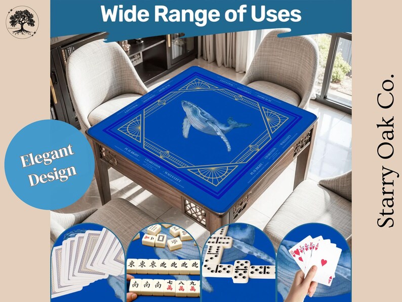 May include: A wooden game table with a blue surface featuring a whale illustration and gold geometric designs. The table is surrounded by chairs and displays various game pieces, including cards, dominoes, and mahjong tiles. Text on the image reads "Wide Range of Uses" and "Elegant Design."