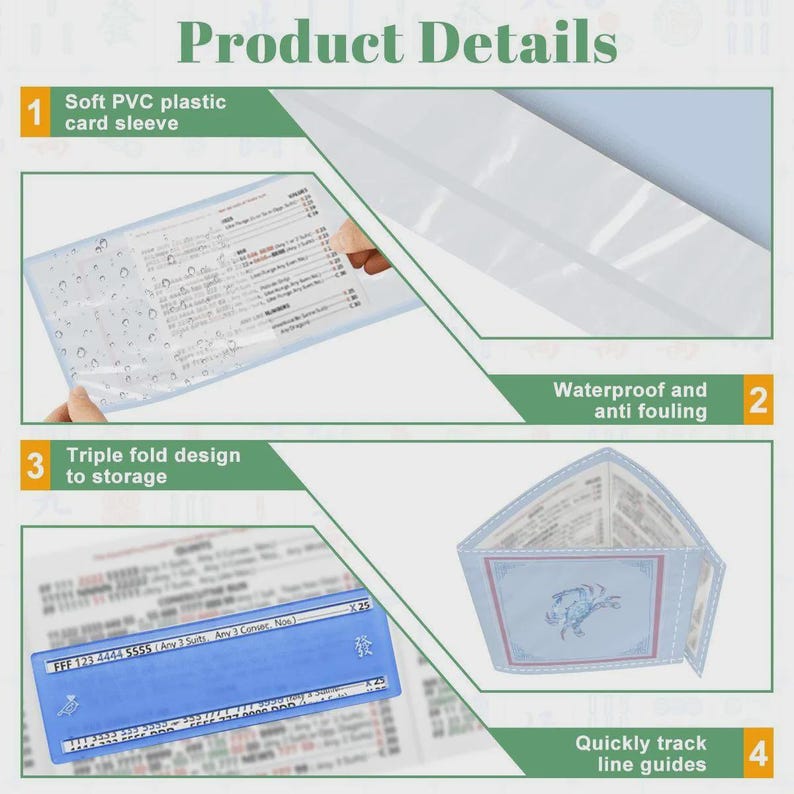 Puede incluir: Funda de tarjeta de pl&aacute;stico PVC transparente con dise&ntilde;o de triple pliegue para almacenamiento. Impermeable y antiincrustante. Incluye gu&iacute;as de l&iacute;nea para un seguimiento r&aacute;pido. El texto "Product Details" est&aacute; en la parte superior.