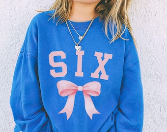 6th Birthday Kids Sweatshirt, Sixth Bday Bow Coquette Shirt For Girls, Children's Birthday Crewneck, 6 Year Old Birthday Girl Shirt