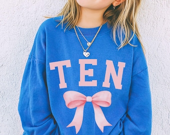 10th Birthday Kids Sweatshirt, Tenth Bday Bow Coquette Shirt For Girls, Children's Birthday Crewneck, 10 Year Old Birthday Girl Shirt